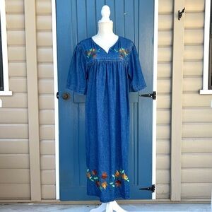 Vintage 90s National Embroidered Denim Maxi Dress Women’s Size 1X